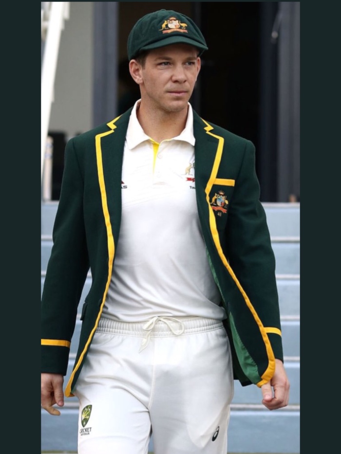 Tim Paine dressed in the Australian captain blazer in Dubai on October 7 2018 wearing Australian Test shirt 414, Baggygreen Cap, Australian White pants and black skin tights (under his white pants)